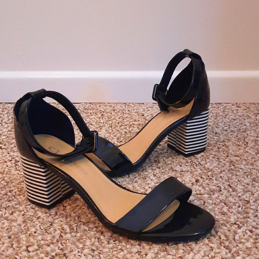 Black patent white & black striped patent sandals